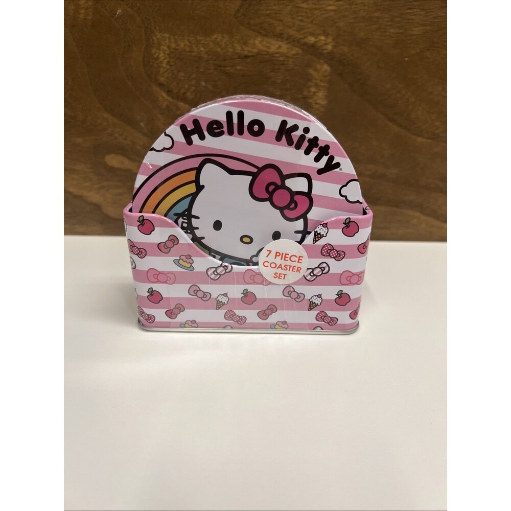 Hello Kitty 7 Piece Coaster Set w/ Holder Tin Sanrio Pink Stripes Kawaii Cute